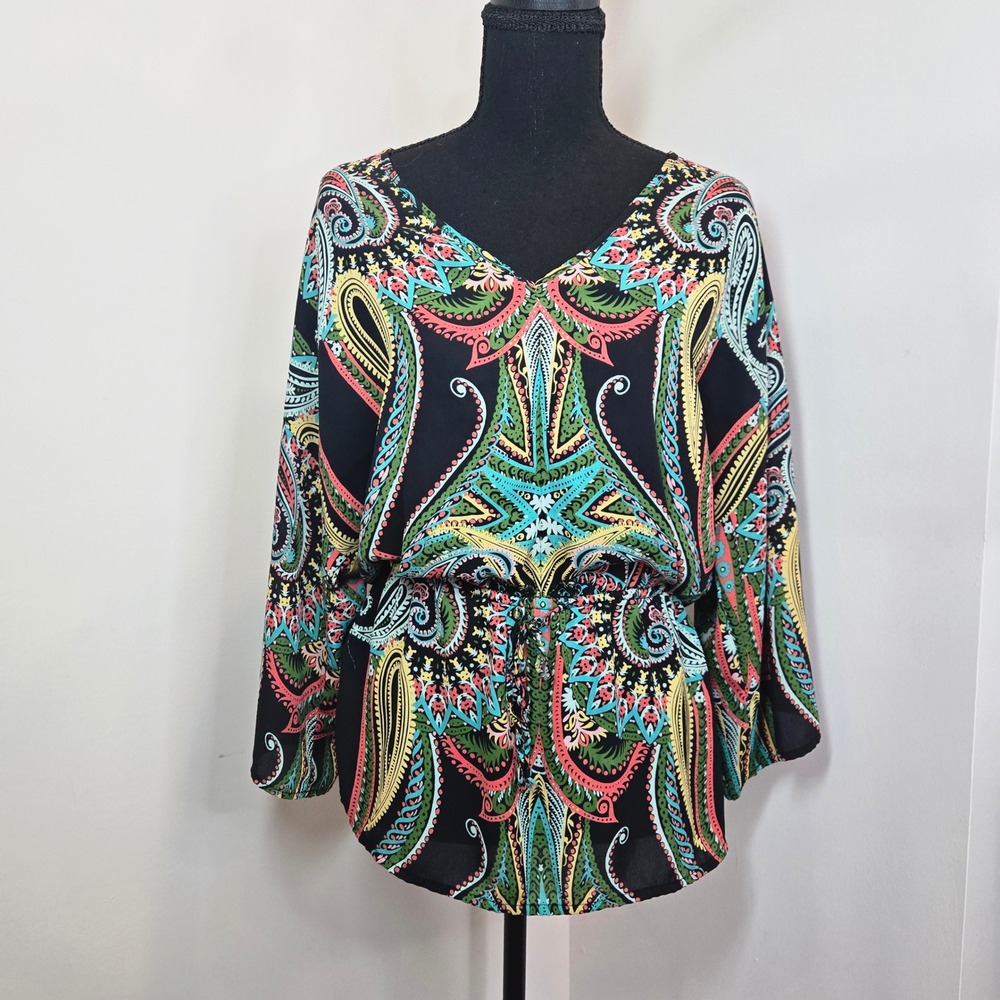 Unbranded Paisley Tunic Top Women XS Black Multi Boho V-Neck Bell Sleeve (T9)